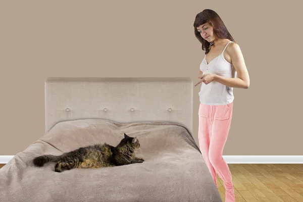 Cat is on a teenage girl's bed — Stock Photo, Image