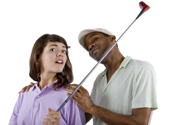 Instructeur de golf avec un adolescent étudiant — Photo