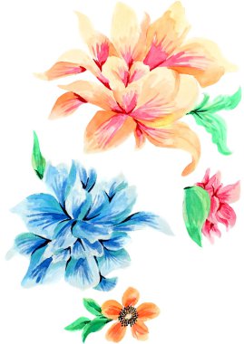 Watercolor Bouquet of flowers, isolated, white background, pink and blue roses, green leaves