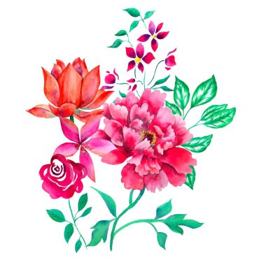Watercolor Bouquet of flowers, isolated, white background, red and orange roses and green leaves