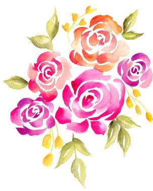 Watercolor Bouquet of flowers, isolated, white background, pink roses and green leaves
