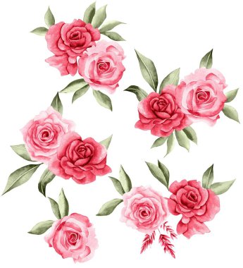 Watercolor Bouquet of flowers, isolated, white background, red roses and green leaves