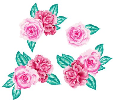 Watercolor Bouquet of flowers, isolated, white background, pink roses and green leaves