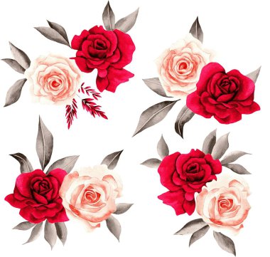 Watercolor Bouquet of flowers, isolated, white background, red roses and gray leaves