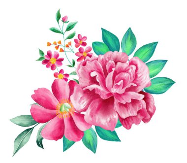 Watercolor Bouquet of flowers, isolated, white background, pink roses and green leaves