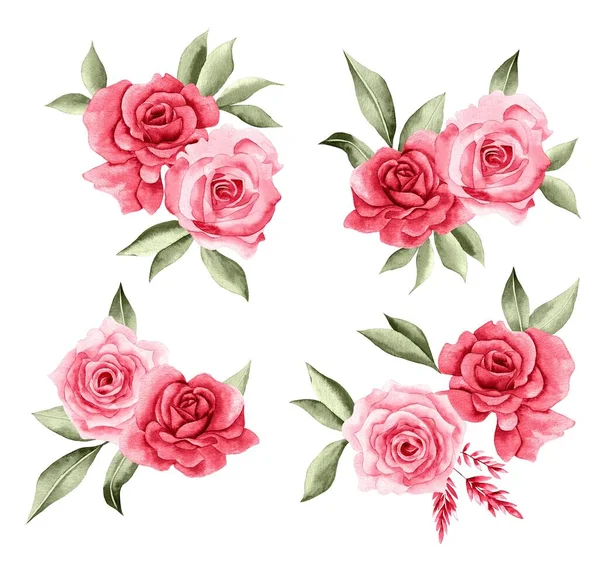 Watercolor Bouquet of flowers, isolated, white background, red roses and green leaves