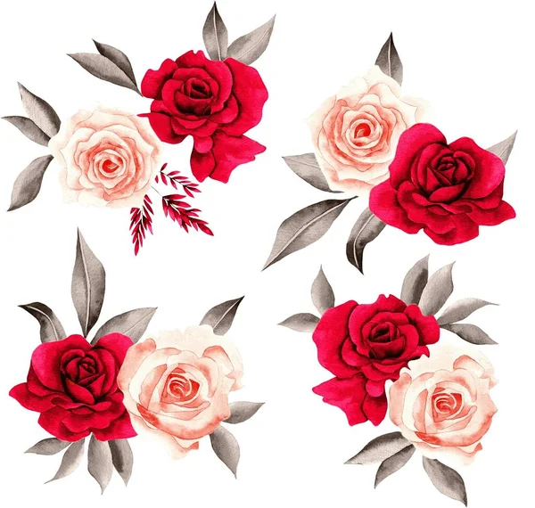 Watercolor Bouquet of flowers, isolated, white background, red roses and gray leaves