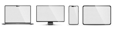 Aygıt ekran modeli. Akıllı telefon, tablet, dizüstü bilgisayar ve monoblock monitörü, sizin için boş ekran. PNG. Vektör illüstrasyonu