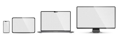 Aygıt ekran modeli. Akıllı telefon, tablet, dizüstü bilgisayar ve monoblock monitörü, sizin için boş ekran. PNG. Vektör illüstrasyonu