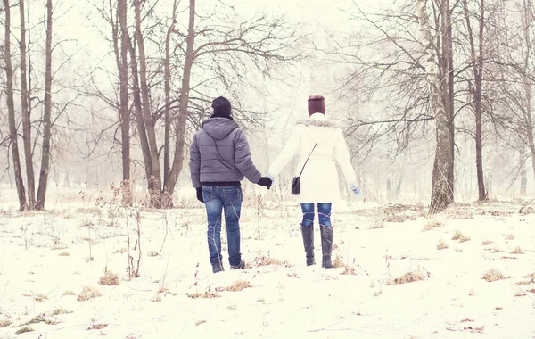 Pareja cogida de la mano en el parque de invierno —  Fotos de Stock