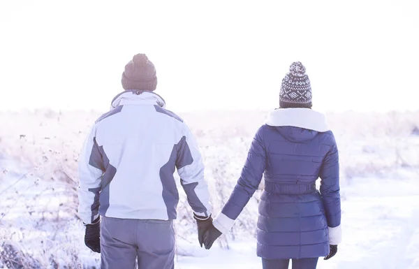 对年轻的夫妇手牵手在冬天的旷野上 — 图库照片