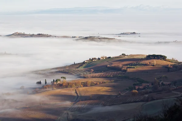 Toszkán táj a ködben, montepulciano (Olaszország). — Stock Fotó