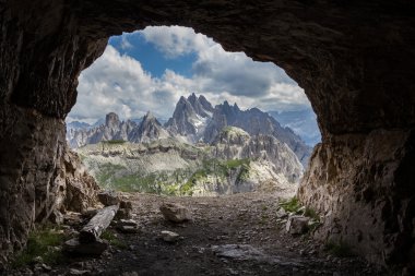 Panorama from man-made caves, Dolomites, Italy. clipart
