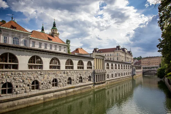 Centrale markt in ljubljana met uitzicht op de gracht, ljubljana, sl — Stockfoto