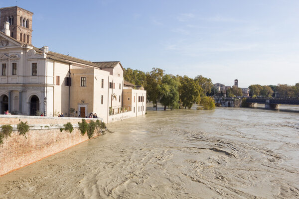 Tiber Island and a flooded Tiber, Rome, Italy
