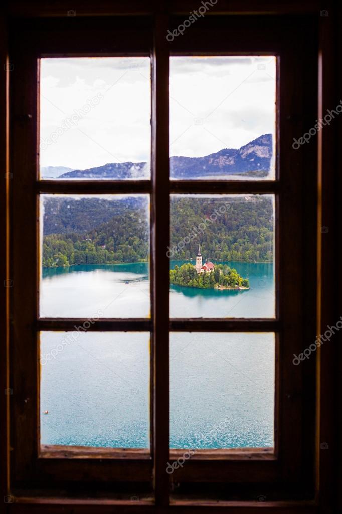 View of Bled Island from Bled Castle, Lake Bled, Slovenia.