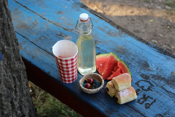 Picknick på bänken — Stockfoto