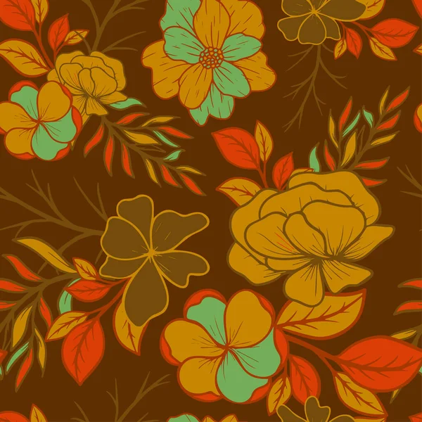 Koyu doymuş çiçeksiz ve sonsuz vektör desenli fayanslar. Kahverengi çizim kumaş deseni, çok renkli çiçek deseni.