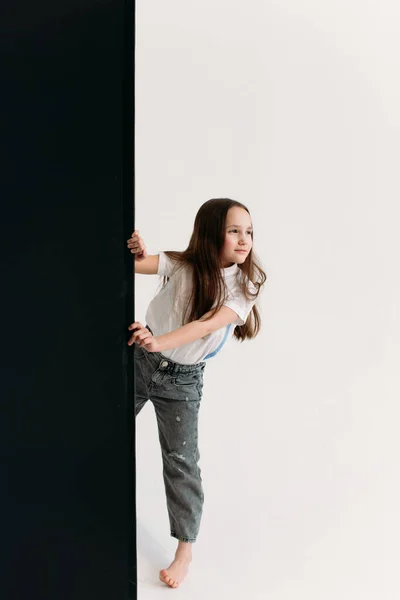 Little Girl Years Old Studio White Background She Looks Out Stock Picture