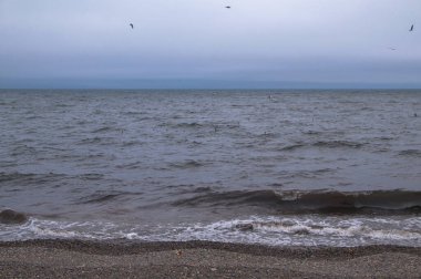 Rusya 'nın Magadan bölgesindeki Okhotsk Denizi' nin rüzgarlı sahillerindeki kayalar. Rusya 'nın Uzak Doğusu, Sibirya