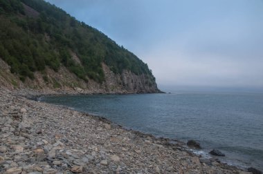 Magadan 'daki Gerntner Körfezi' nde deniz manzarası var. Rusya 'nın uzak doğusunda, Okhotsk Denizi