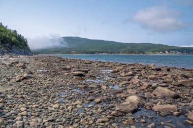 Magadan bölgesi, Rusya 'nın Uzak Doğusu. Okhotsk Denizi kıyısında. Dalgalar çekildiğinde denizin dibinde yürümek.