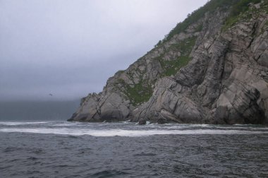 Magadan bölgesi, Rusya 'nın Uzak Doğusu. Sürat teknesi gezisi sırasında Okhotsk Denizi 'ndeki adalar ve kayalar.