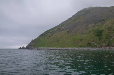 Magadan bölgesi, Rusya 'nın Uzak Doğusu. Sürat teknesi gezisi sırasında Okhotsk Denizi 'ndeki adalar ve kayalar.