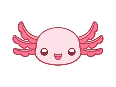 Mutlu axolotl baş çizgi film vektör çizimleri. Çocuklar için tatlı su altı hayvan tasarımı, klipsli sanat, desen, baskı vs. Ana hatlı basit düz biçim.