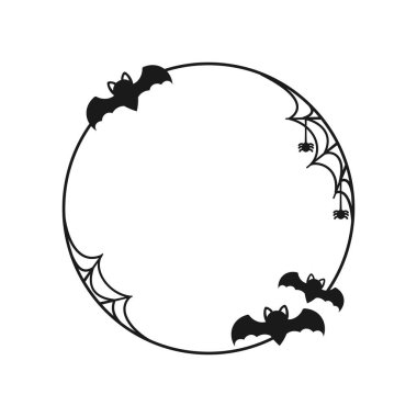 Çevrede örümceklerle çevrili bir yarasa. Cadılar Bayramı tema çerçeveleri