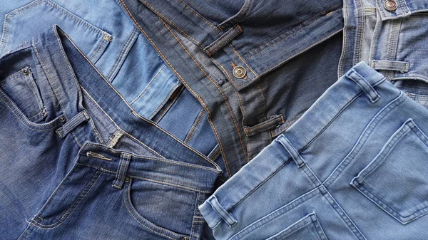 Stack Pairs Denim Jeans Various Blue Shades Sizes — Zdjęcie stockowe