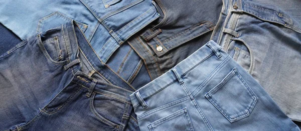 Stack Pairs Denim Jeans Various Blue Shades Sizes — Zdjęcie stockowe