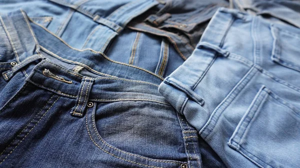 Stack Pairs Denim Jeans Various Blue Shades Sizes — 스톡 사진