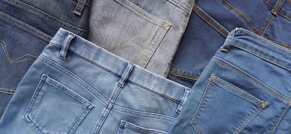 Various Blue Shades Sizes Pairs Denim Jeans Back Side — Φωτογραφία Αρχείου