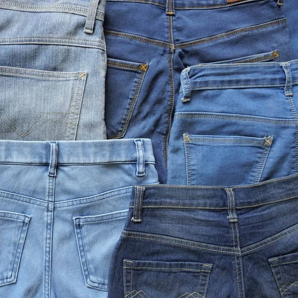 Various Blue Shades Sizes Pairs Denim Jeans Back Side — Stockfoto