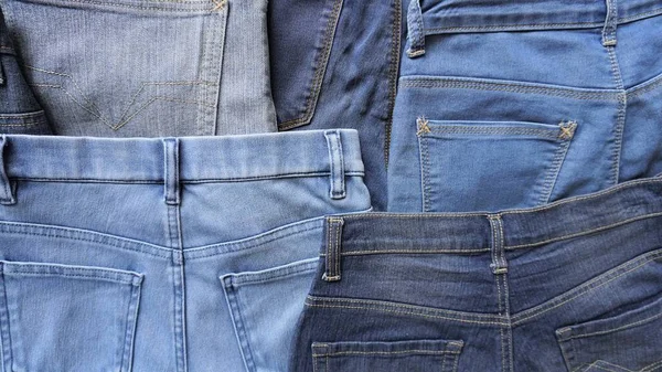 Various Blue Shades Sizes Pairs Denim Jeans Back Side — 스톡 사진