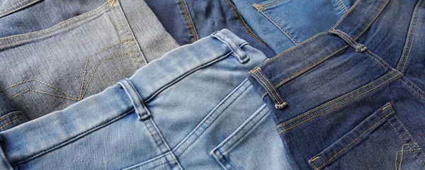 Various Blue Shades Sizes Pairs Denim Jeans Back Side — 스톡 사진