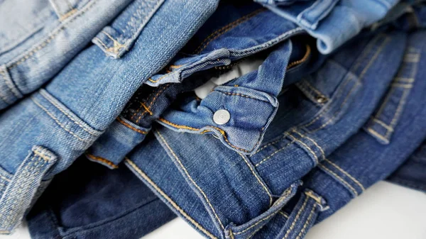 Stack Pairs Denim Jeans Various Blue Shades Sizes — 스톡 사진