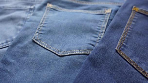 Close Shot Different Shades Blue Denim Jeans Back Pockets — 图库视频影像