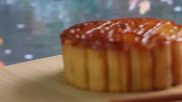 Mooncake Being Served Wood Platter Board Traditional Mid Autumn Festival — Stockvideo