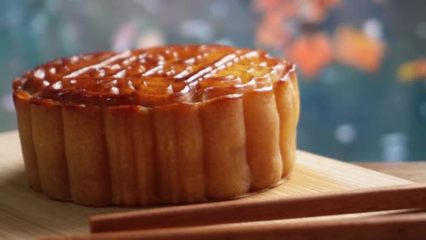 Mooncake Being Served Wood Platter Board Traditional Mid Autumn Festival — Stok video
