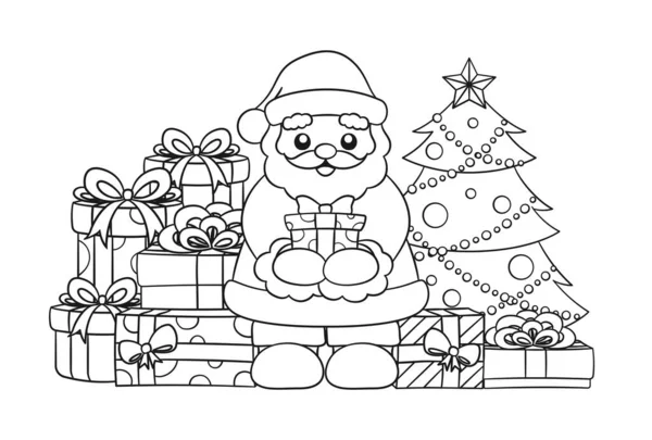 Happy Santa Claus Next Christmas Tree Holding Present Surrounded Colorful — Stok Vektör