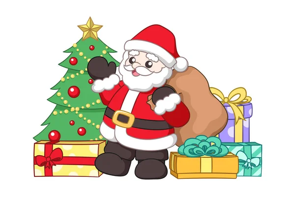 Санта Клаус Машет Держит Мешок Подарками Рядом Елкой Окружении Красочных — стоковый вектор