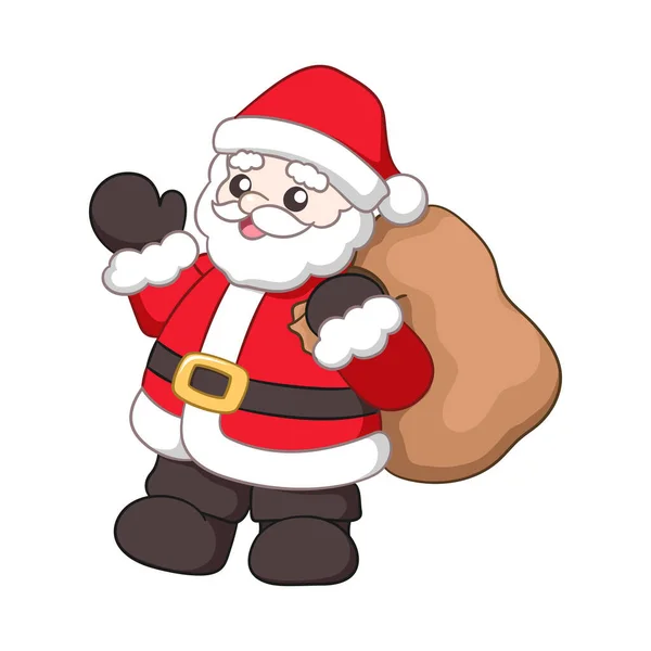 Santa Claus Waving Holding Sack Presents Cute Cartoon Illustration — Stok Vektör