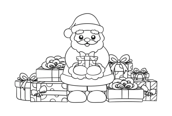 Счастливый Санта Клаус Держит Подарок Окружении Разноцветных Подарочных Коробок Контур — стоковый вектор