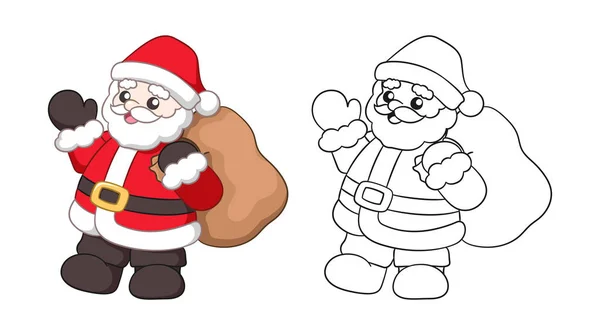 Санта Клаус Машет Держит Мешок Подарками Милые Иллюстрации Мультфильма — стоковый вектор