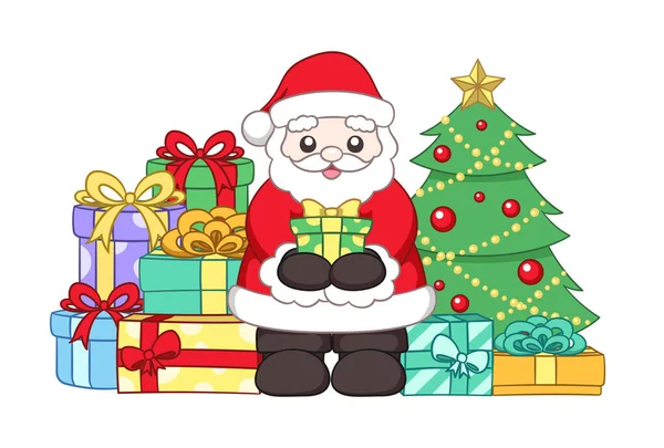 Happy Santa Claus Next Christmas Tree Holding Present Surrounded Colorful — Vettoriale Stock