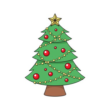 Christmas tree with fairy lights, ornaments and golden star cartoon illustration