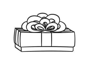 Gift box with bow cartoon. Christmas or birthday present illustration outline. Coloring book page printable activity worksheet for kids.