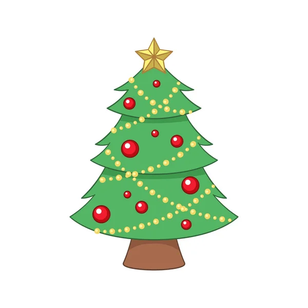 Christmas Tree Fairy Lights Ornaments Golden Star Cartoon Illustration — Stockvektor